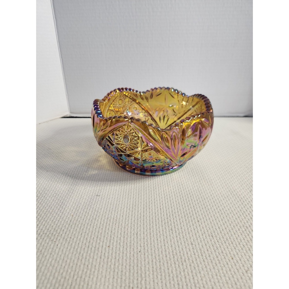 VTG‎ LE Smith Hobstar Daisy Amber Carnival Glass Bowl Sawtooth Great Condition